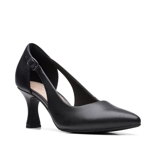 Clarks Shoes - Clarks Kitten Heel Black Leather Pointed Toe Open Side Pump Womens 8 Excellent
